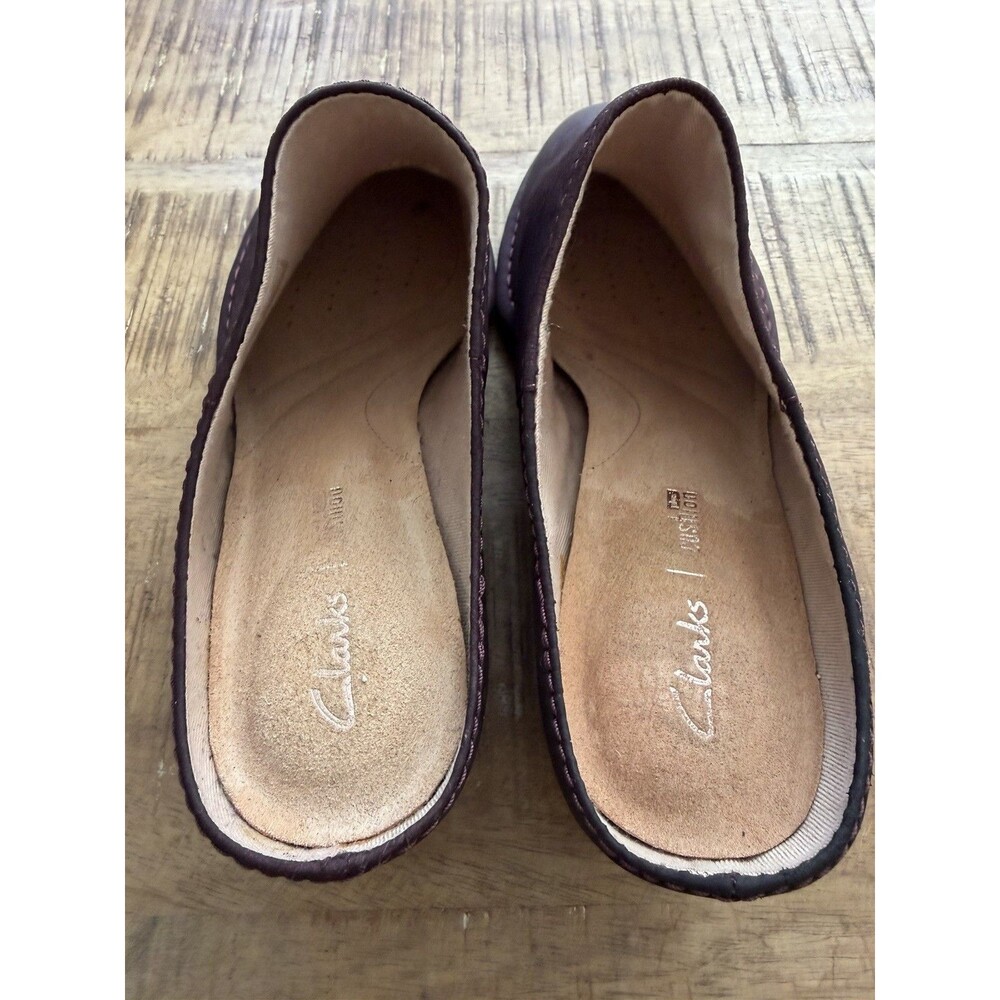 New Clarks Spiced Isla‎ Maroon Leather Block Heel Mules Size 10M Cushion - Picture 3 of 9